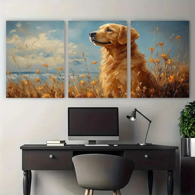 3pcs Golden Retriever in Floral Field with Sea Metal Print Ready to Hang Art - Bella Home Decor