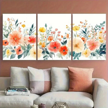 3pcs Colorful Floral with Leaves Illustration Metal Print Ready to Hang Art - Bella Home Decor