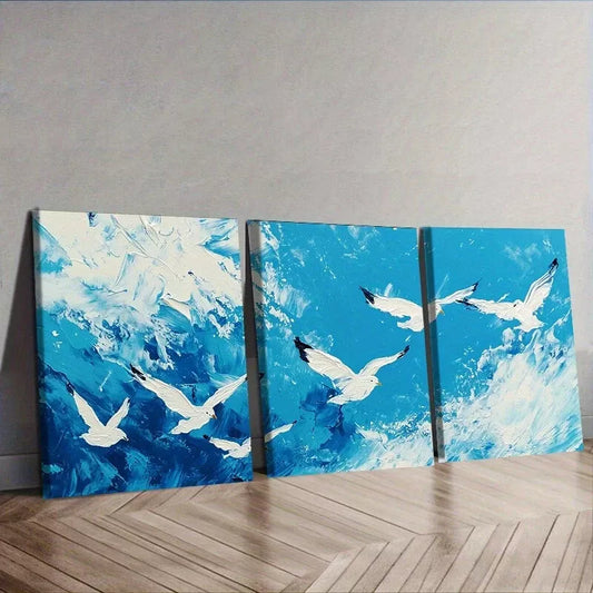 3pcs White Seagulls Birds Nature Sky Wall Art Set Canvas Framed 50x70cm - High Quality Print 100% Australian Made Wall Canvas Ready to Hang