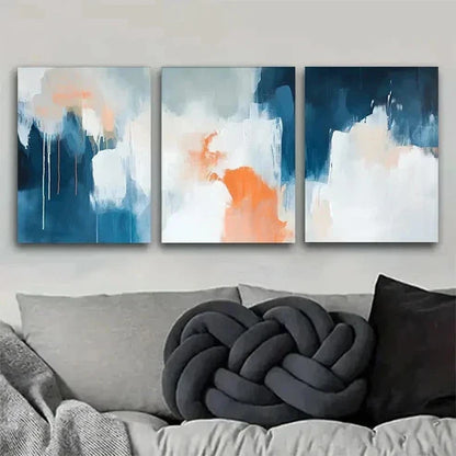 3pcs Blue Orange & White Modern Abstract  Wall Art Set Canvas Unframed - High Quality Print 100% Australian Made Wall Canvas - Bella Home Decor