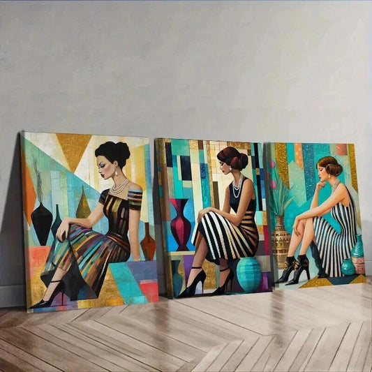 3pcs R etro fashion girl, Wall Art Canvas Framed 50x70cm Wall Art Set Canvas Framed 50x70cm - High Quality Print 100% Australian Made Wall Canvas Ready to Hang