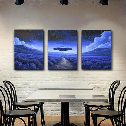3pcs UFO Night Landscape Spaceship Perfect Wall Art Canvas Unframed - High Quality Print 100% Australian Made Wall Canvas