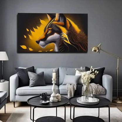 Golden & Black Fox Design Wall Art Canvas Office Home Room Framed 120x60cm