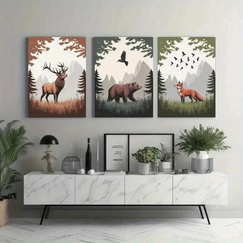 3pcs Deer, Bear, Fox, Pine Trees   Wall Art Set Canvas Framed 60x90cm - High Quality Print 100% Australian Made Wall Canvas Ready to Hang - Bella Home Decor