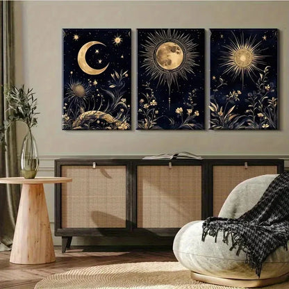 3pcs Golden and Navy Blue Celestial and Floral Metal Print Ready to Hang Art - Bella Home Decor