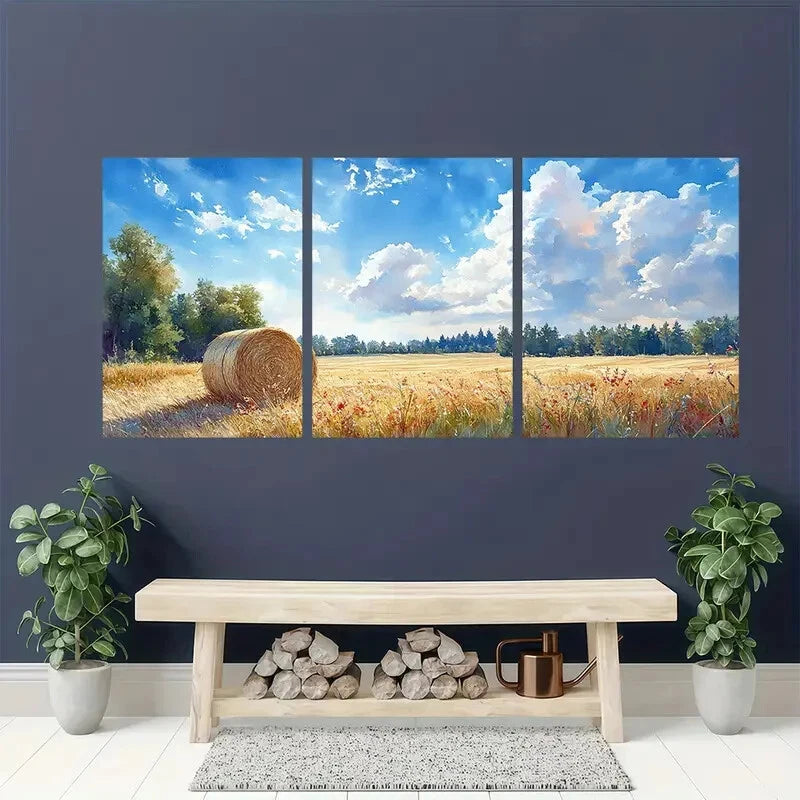 3pcs Rustic Haystacks Serene Countryside Landscape Metal Print Ready to Hang Art - Bella Home Decor