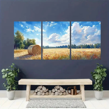 3pcs Rustic Haystacks Serene Countryside Landscape Metal Print Ready to Hang Art - Bella Home Decor