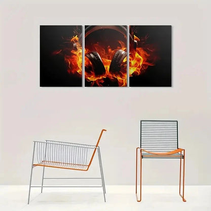 3pcs Flaming Headphones Fire Design Wall Art Set Canvas Framed 60x90cm - High Quality Print 100% Australian Made Wall Canvas Ready to Hang