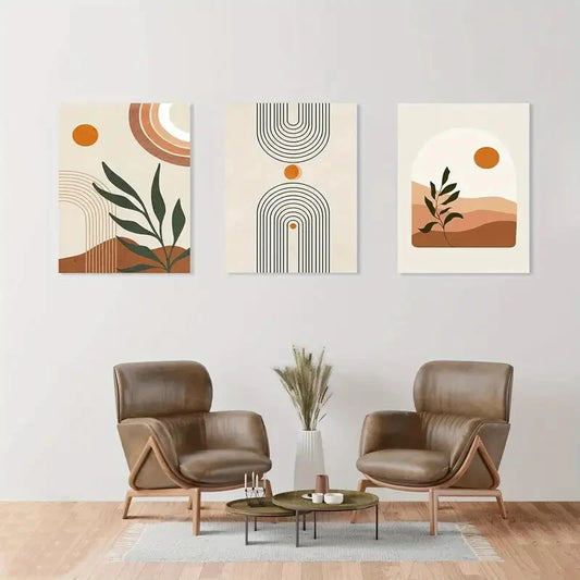 3pcs Abstract Geometric Beige Orange Metal Print Ready to Hang Art