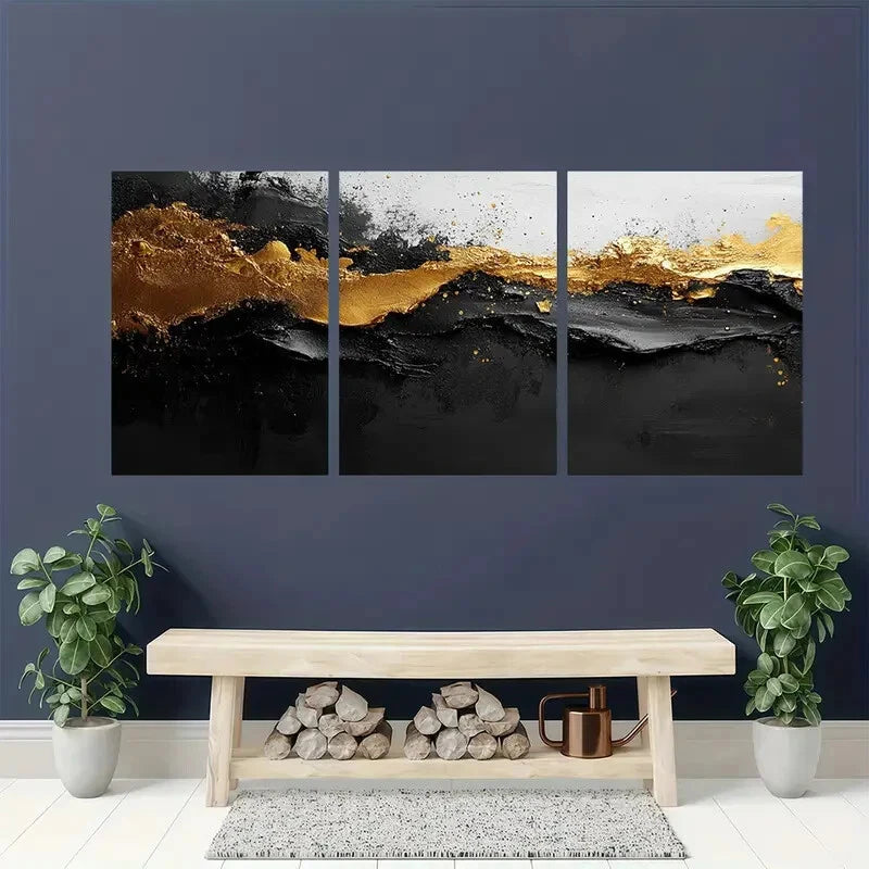 3pcs Black and White with Golden Splashes Metal Print Ready to Hang Art - Bella Home Decor