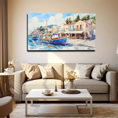 Vibrant Fishing Port Scene Wall Art Canvas Office Home Room Framed 120x60cm