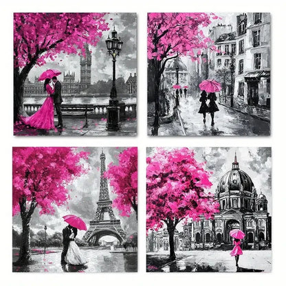 4pcs Black White And Teal Umbrella Couple Eiffel Wall Art Canvas Framed