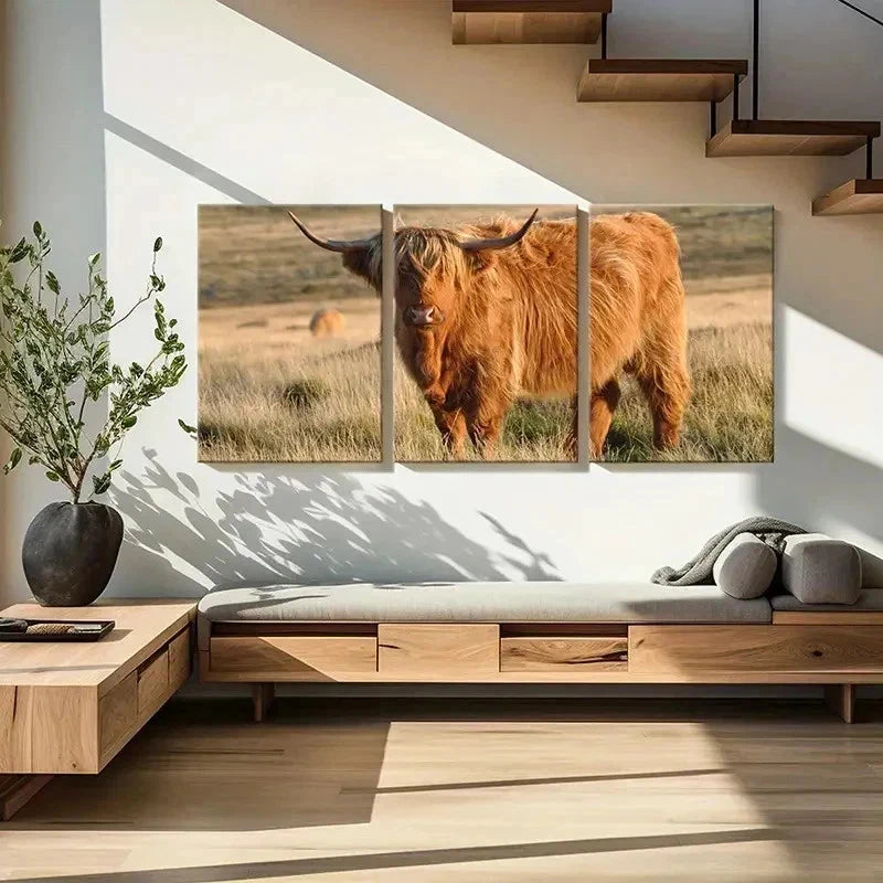3pcs Cow in a Grassland Modern Painting Wall Art Set Canvas Framed 50x70cm - High Quality Print 100% Australian Made Wall Canvas Ready to Hang - Bella Home Decor