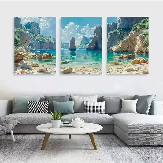 3pcs Serene Beach And Cliff Wall Art Set Canvas Framed 50x70cm - High Quality Print 100% Australian Made Wall Canvas Ready to Hang