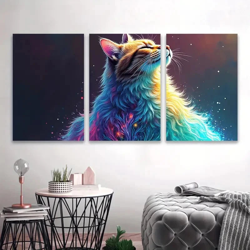 3pcs Vibrant Cat Illustration Wall Art Set Canvas Framed 60x90cm - High Quality Print 100% Australian Made Wall Canvas Ready to Hang