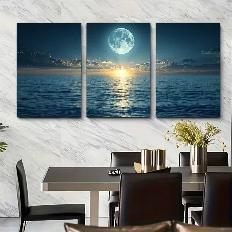 3pcs Moonlight Over Water Metal Print Ready to Hang Art