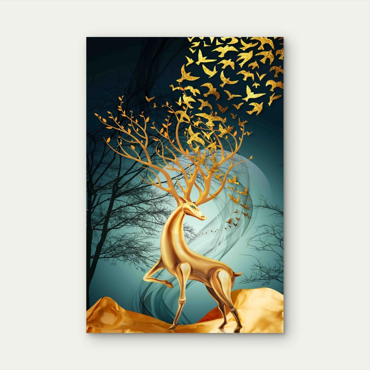 Golden Deer Surreal Wildlife Art & Flying Birds 40x60cm Metal Print Ready to Hang