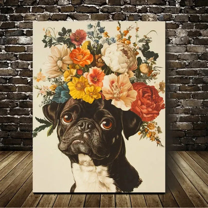 Beautiful Vintage Flowers And Pug Painting 40x60cm Metal Print Ready to Hang - Bella Home Decor