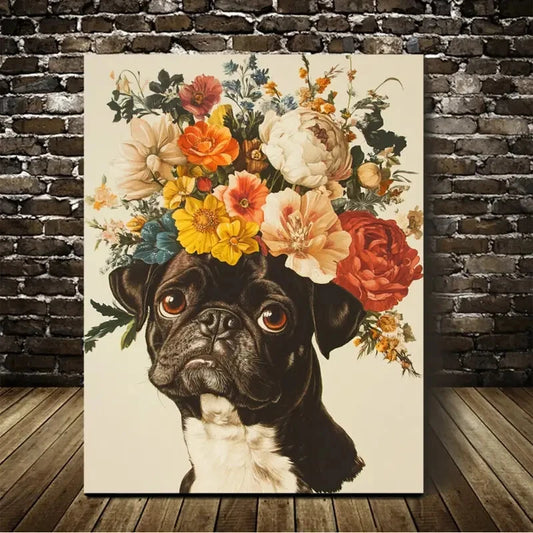 Beautiful Vintage Flowers And Pug Painting 40x60cm Metal Print Ready to Hang - Bella Home Decor