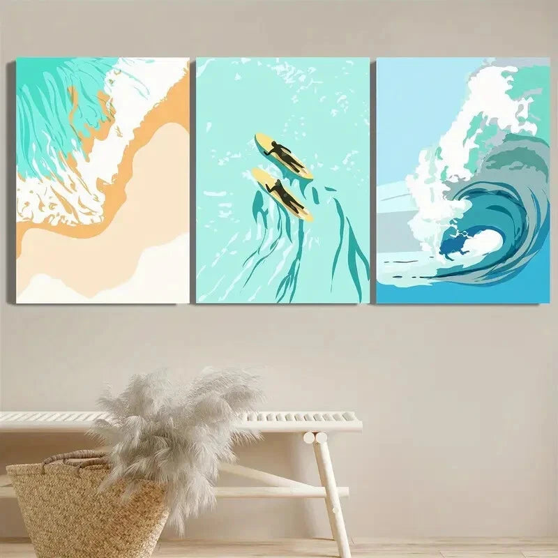 3pcs Modern Abstract Vibrant Blue Teal Ocean Beach Metal Print Ready to Hang Art - Bella Home Decor