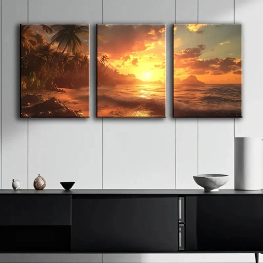 3pcs Sunset Beach Scene Wall Art Set Canvas Framed 60x90cm - High Quality Print 100% Australian Made Wall Canvas Ready to Hang