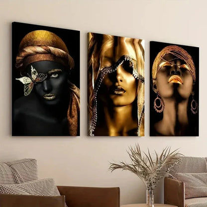 3pcs Black African American Woman Black and Golden  Wall Art Set Canvas Unframed - High Quality Print 100% Australian Made Wall Canvas - Bella Home Decor
