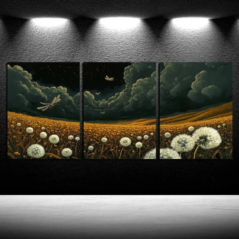 3pcs Vibrant Dandelion with Dragonfly Metal Print Ready to Hang Art