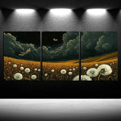 3pcs Vibrant Dandelion with Dragonfly Metal Print Ready to Hang Art