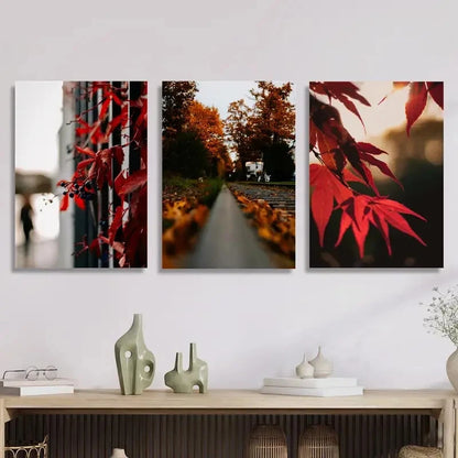 3pcs Golden autumn leaves on track, Metal Print Ready to Hang Art