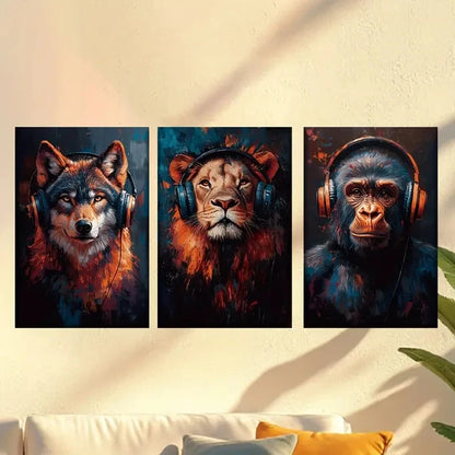 3pcs Wolf Lion Orangutan Wearing Headphones Wall Art Set Canvas Framed 60x90cm - High Quality Print 100% Australian Made Wall Canvas Ready to Hang