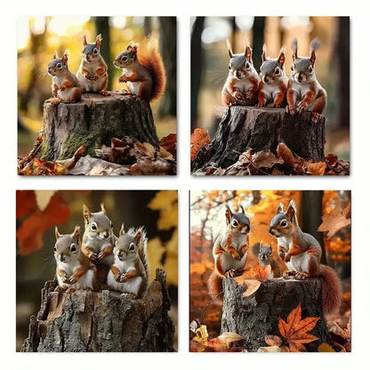 4pcs Featuring Adorable Squirrels in Autumn Wall Art Canvas Framed