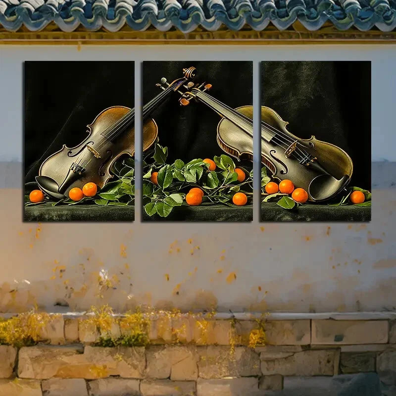 3pcs Green Violin with Orange Fruits Metal Print Ready to Hang Art - Bella Home Decor