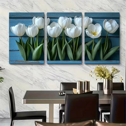 3pcs Elegant White Tulips Metal Print Ready to Hang Art