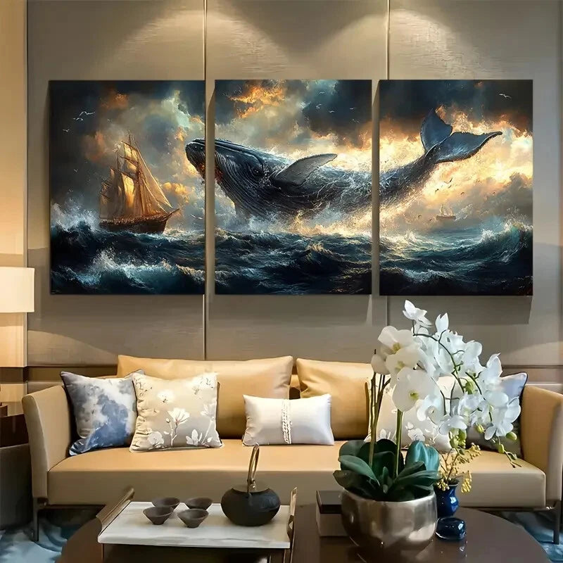 3pcs Majestic Whale and Sailboat Ocean Adventure Metal Print Ready to Hang Art - Bella Home Decor