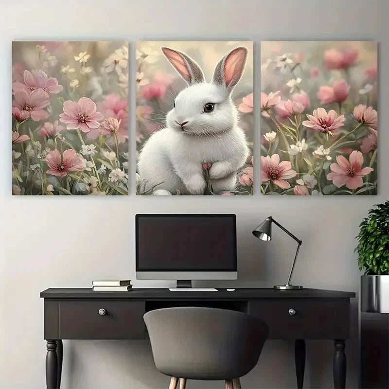 3pcs Charming White Bunny Spring Floral Design Metal Print Ready to Hang Art - Bella Home Decor