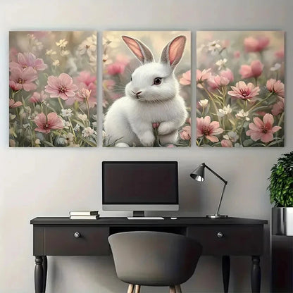 3pcs Charming White Bunny Spring Floral Design Metal Print Ready to Hang Art - Bella Home Decor