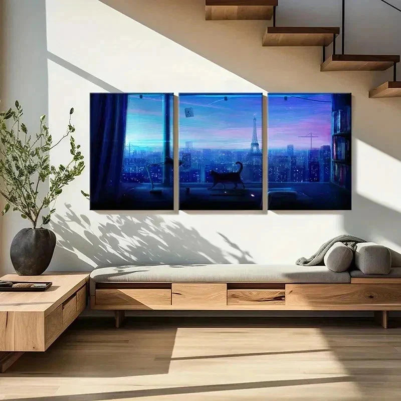 3pcs City Night Scene Tower & Cat Near Window Wall Art Canvas Unframed - High Quality Print 100% Australian Made Wall Canvas - Bella Home Decor