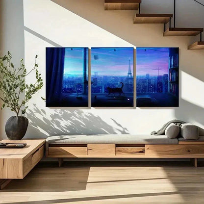 3pcs City Night Scene Tower & Cat Near Window Wall Art Canvas Unframed - High Quality Print 100% Australian Made Wall Canvas - Bella Home Decor
