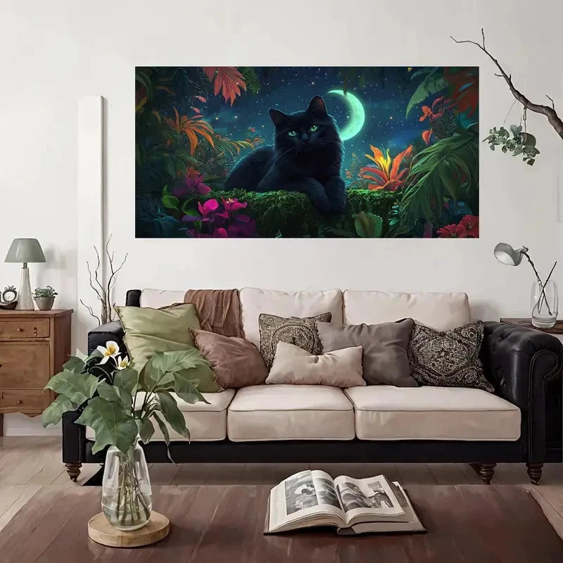 Black Cat Moonlit Garden Wall Art Canvas Office Home Room Framed 120x60cm