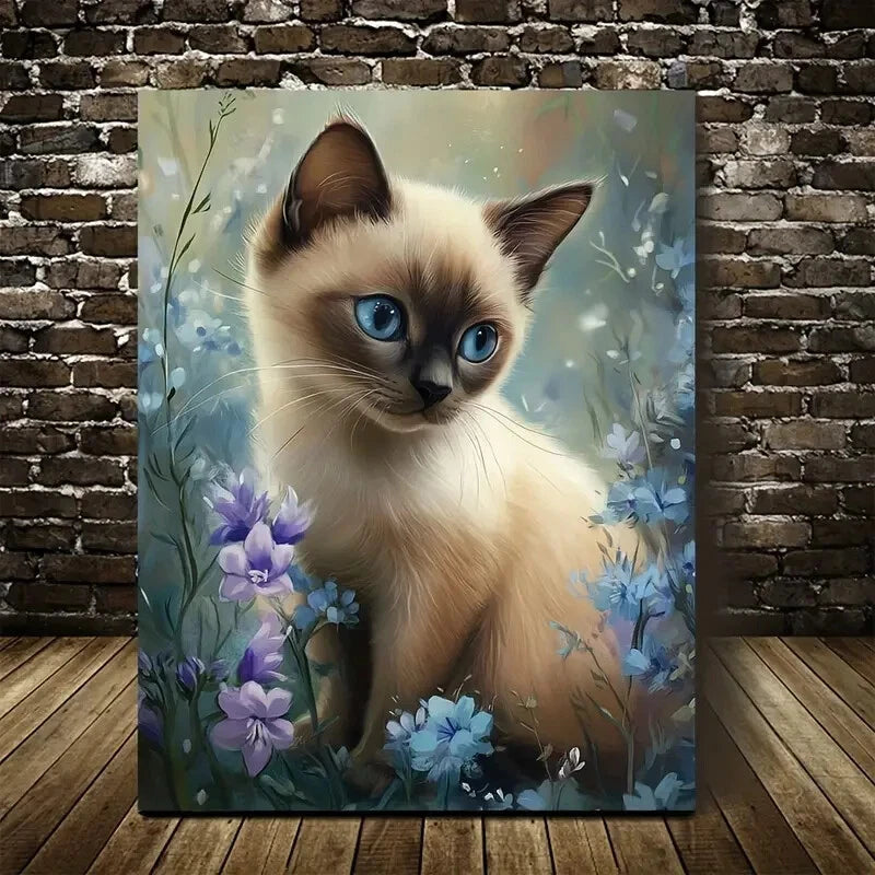 Featuring a Cute Siamese Kitten Among Flower Painting 40x60cm Metal Print Ready to Hang - Bella Home Decor