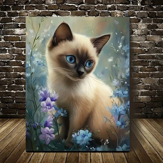 Featuring a Cute Siamese Kitten Among Flower Painting 40x60cm Metal Print Ready to Hang - Bella Home Decor