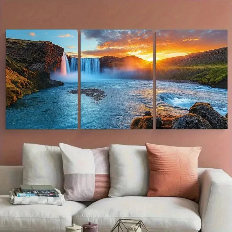 3pcs Serene Iceland Waterfall Godafoss at Sunset Metal Print Ready to Hang Art - Bella Home Decor