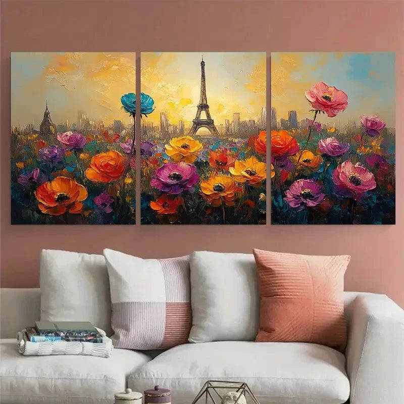 3pcs France Cityscape with Abstract Flowers Design Metal Print Ready to Hang Art - Bella Home Decor