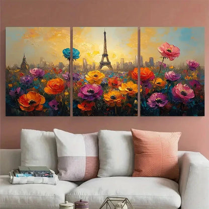 3pcs France Cityscape with Abstract Flowers Design Metal Print Ready to Hang Art - Bella Home Decor