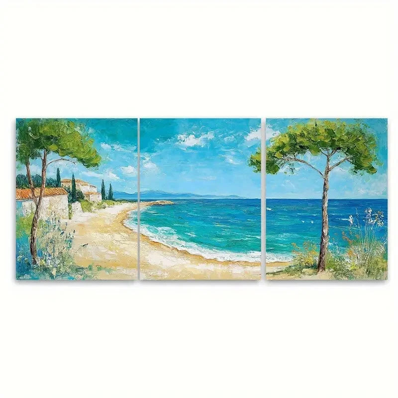 3pcs Mediterranean Beach Painting On Wall Art Set Canvas Framed 60x90cm - High Quality Print 100% Australian Made Wall Canvas Ready to Hang