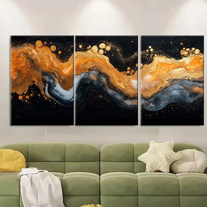 3pcs Featuring a Golden Black And White Marble Metal Print Ready to Hang Art