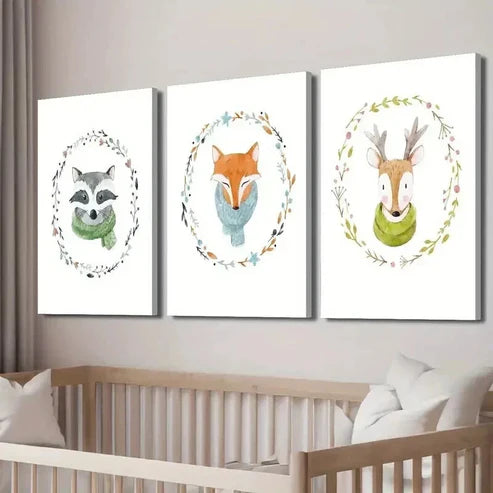 3pcs Cartoon Flower Crown Fox Deer Raccoon Wall Art Canvas Unframed - High Quality Print 100% Australian Made Wall Canvas - Bella Home Decor