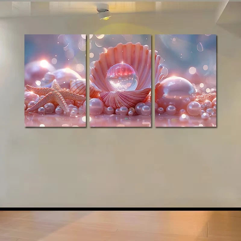 3pcs Opalescent Crystal in Open Seashell Wall Art Set Canvas Framed 50x70cm - High Quality Print 100% Australian Made Wall Canvas Ready to Hang
