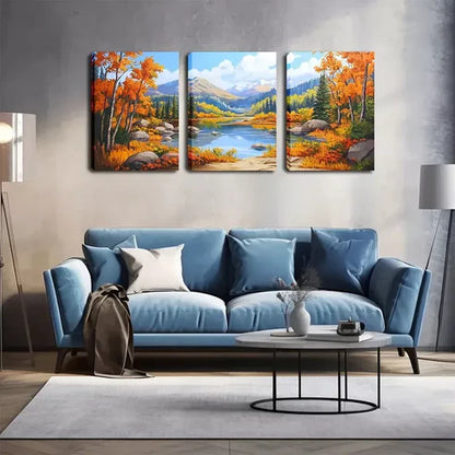 3pcs Mountains And Lakes In Autumn Wall Art Canvas Unframed - High Quality Print 100% Australian Made Wall Canvas