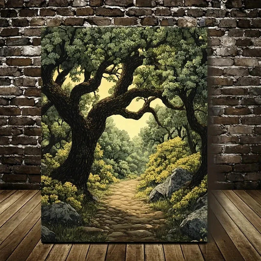Flourishing Oak Forest Scene with Sunlit Pathway 40x60cm Metal Print Ready to Hang - Bella Home Decor